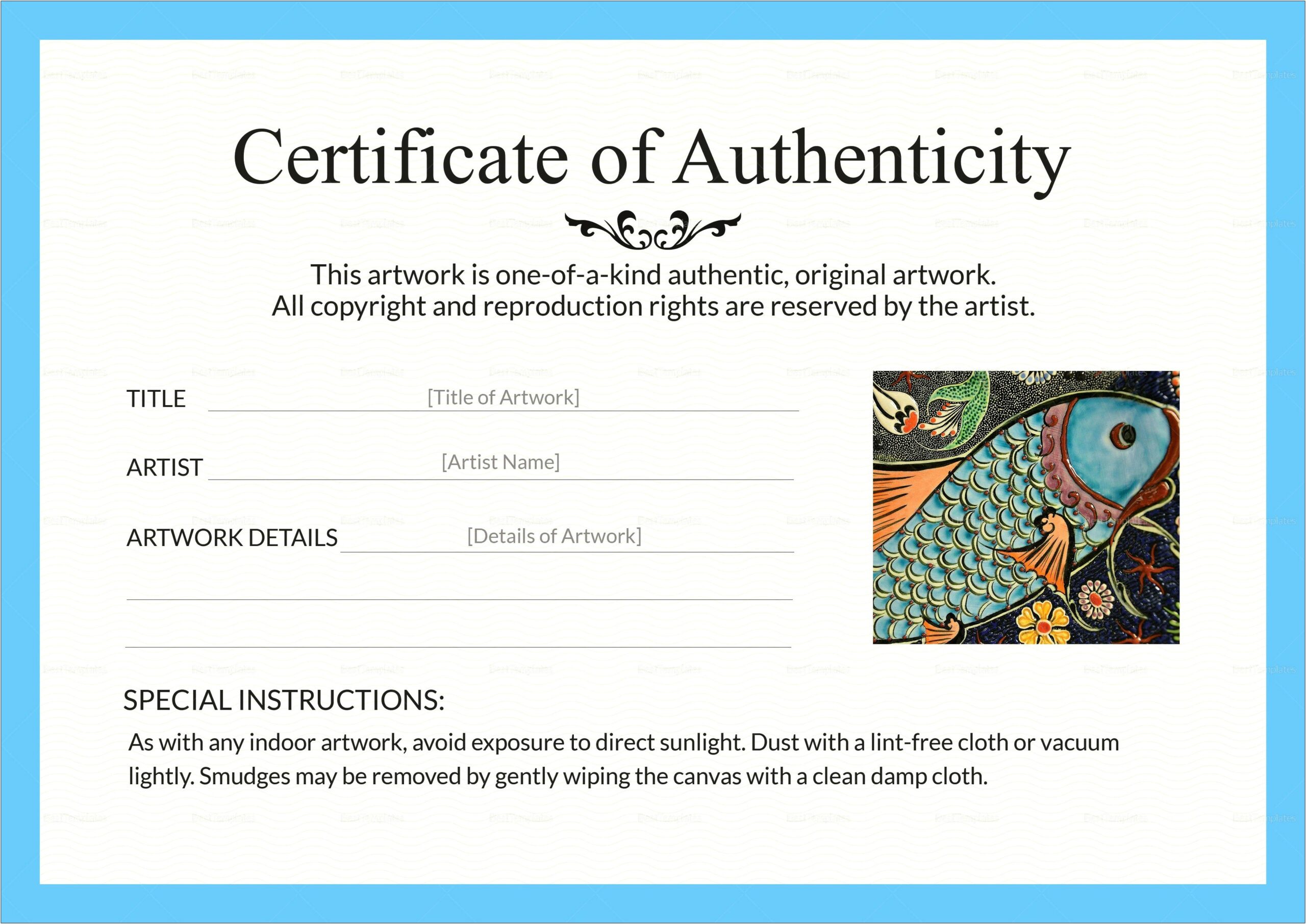 Letter Of Authenticity For Artwork Template