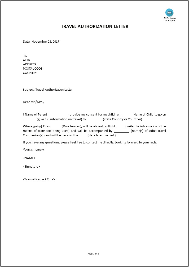 Letter Of Authorization For Child Template