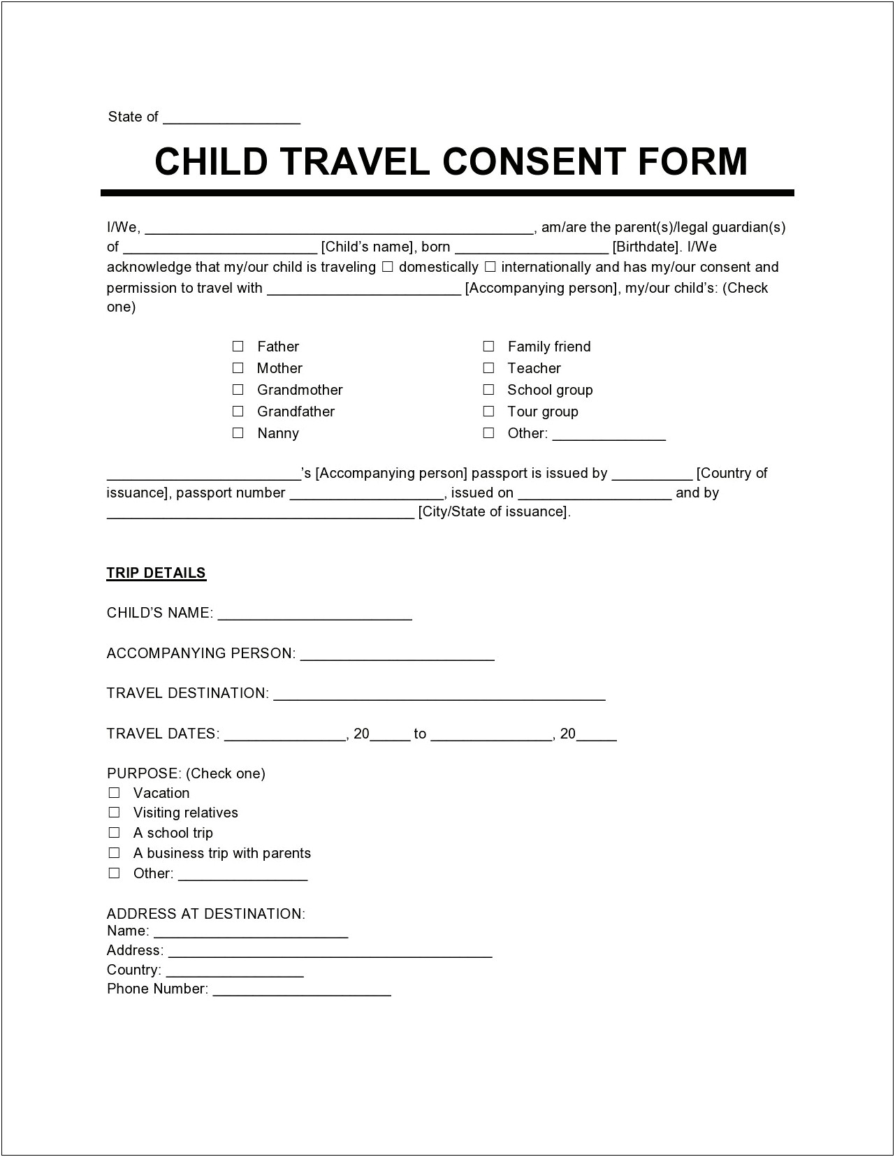 Letter Of Authorization For Child To Travel Template