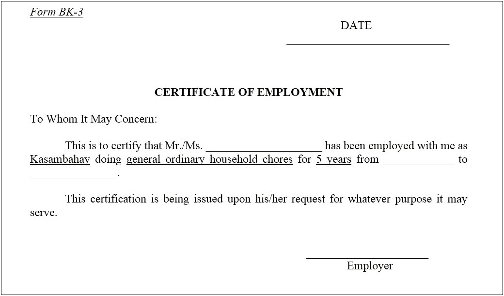 Letter Of Certification Of Employment Template