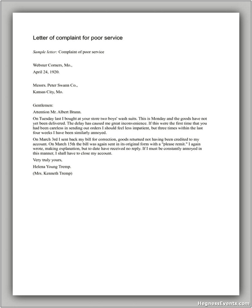 Letter Of Complaint Bad Service Template