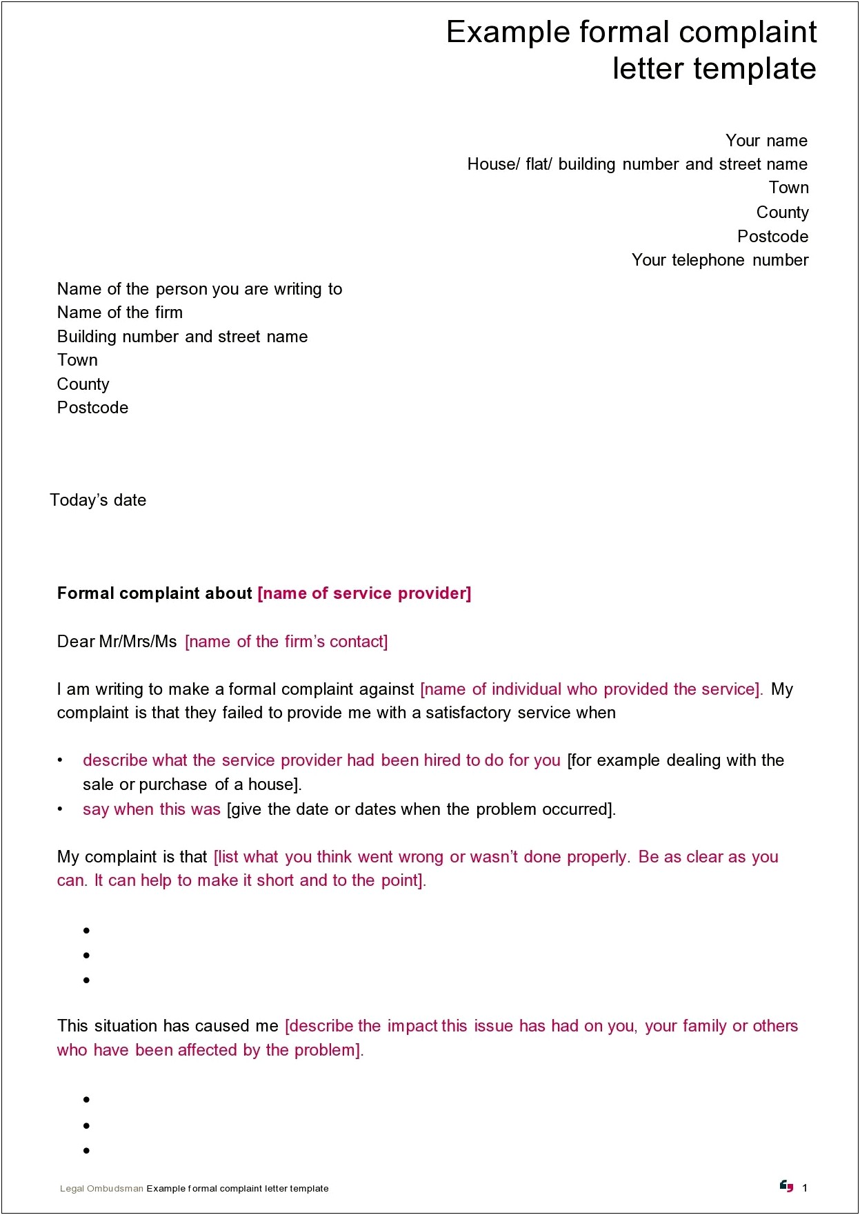 Letter Of Complaint Customer Service Template