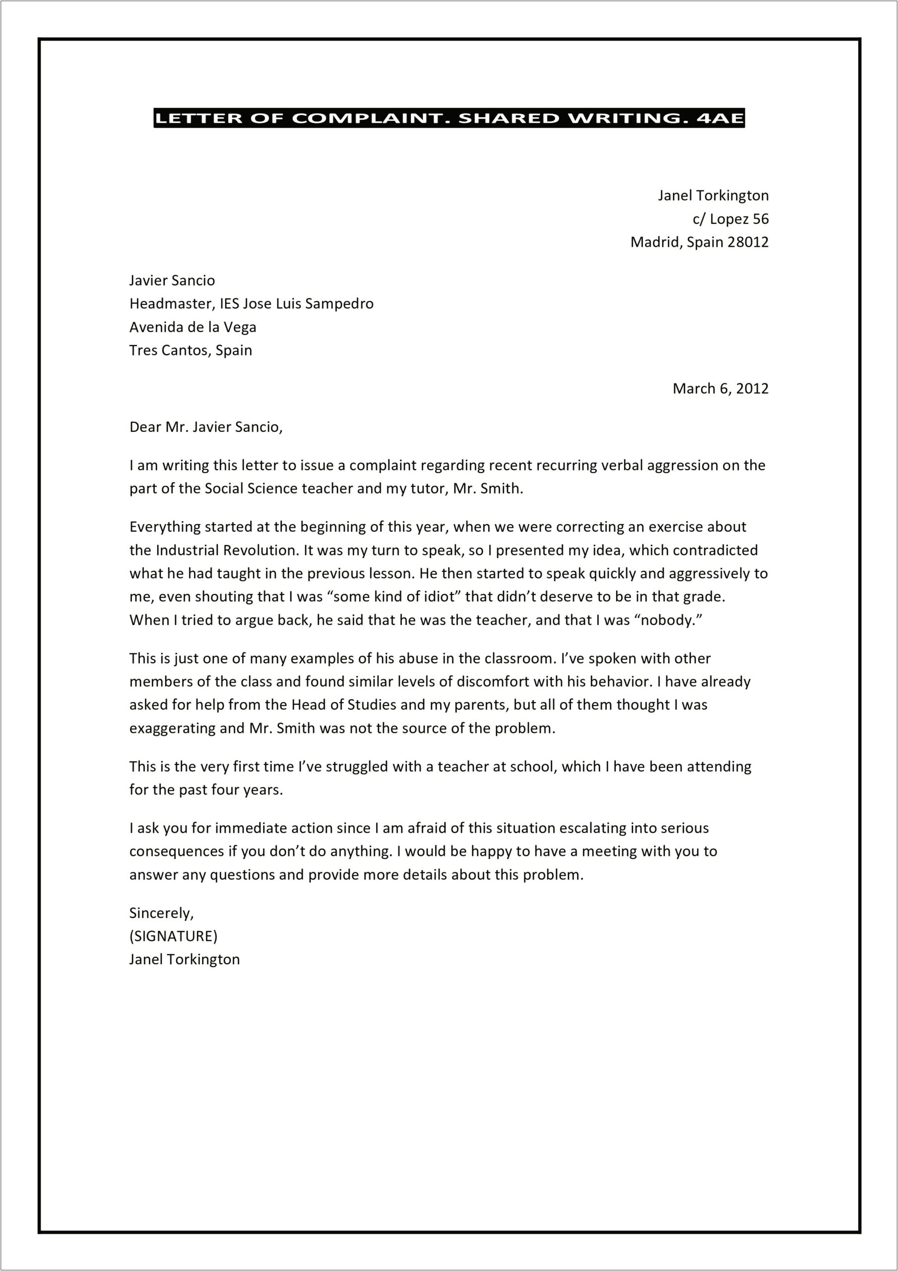 Letter Of Complaint To Social Services Template