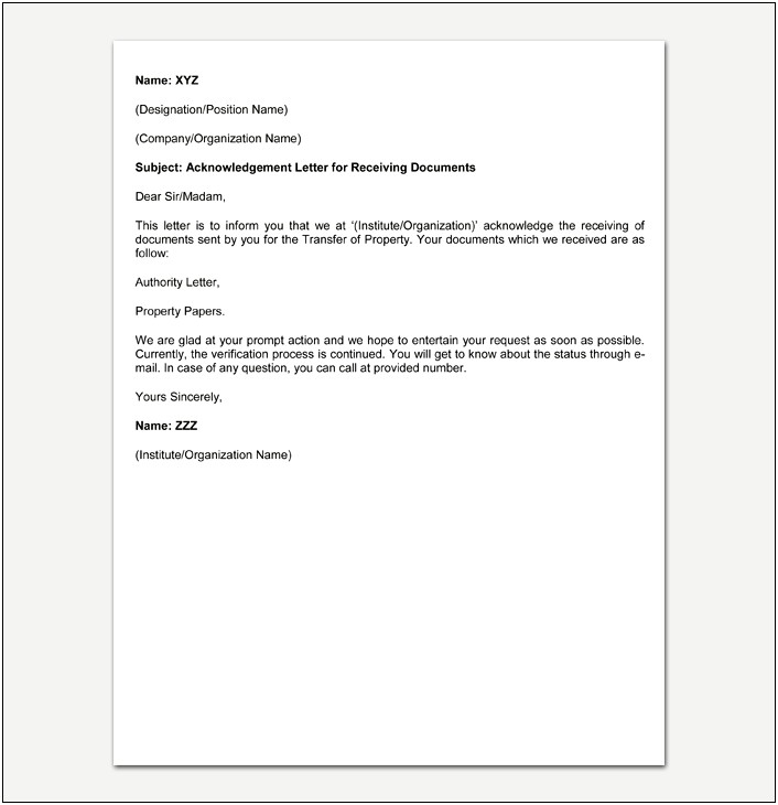 Letter Of Confirmation Of Receipt Template