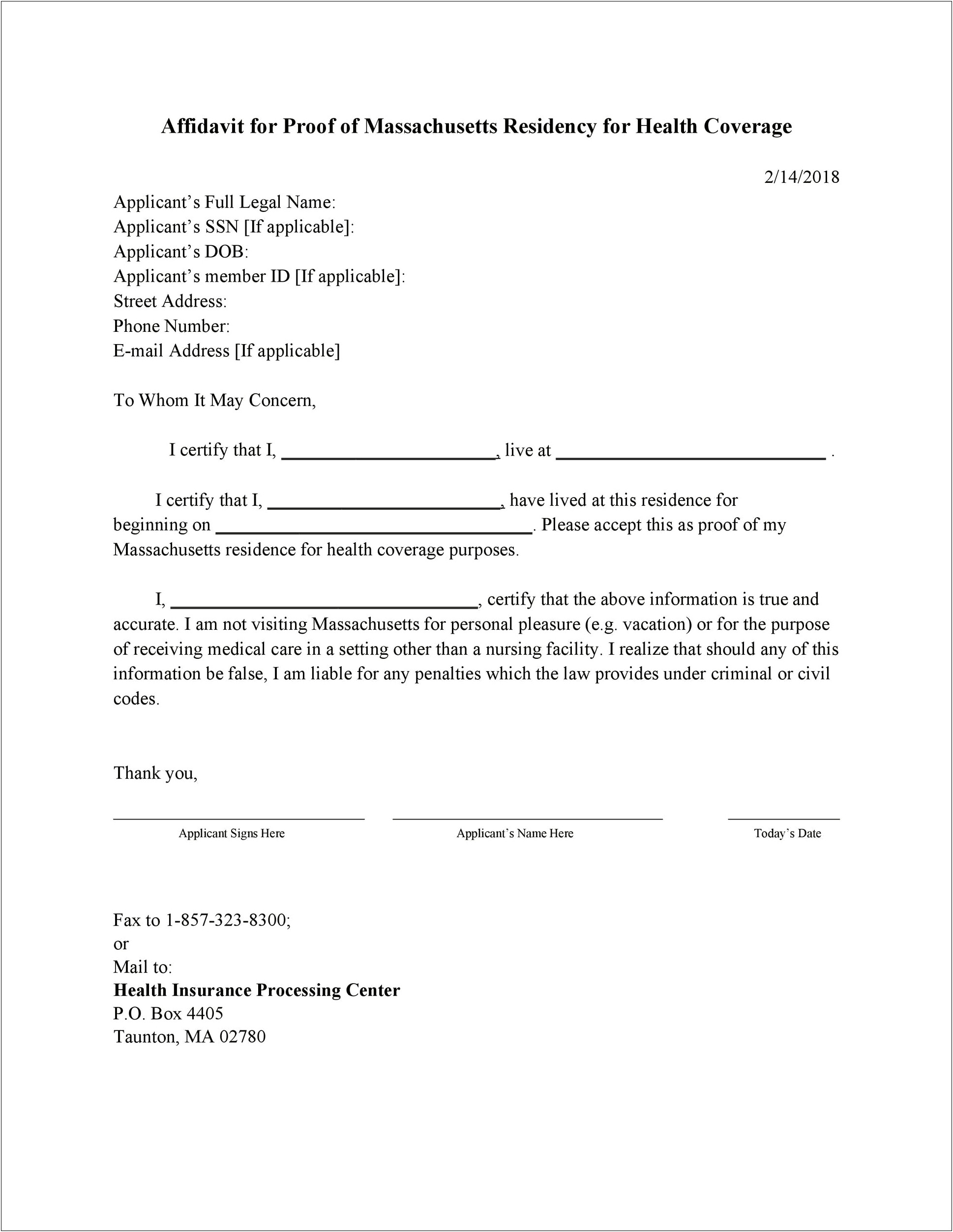 Letter Of Confirmation Of Residency Template