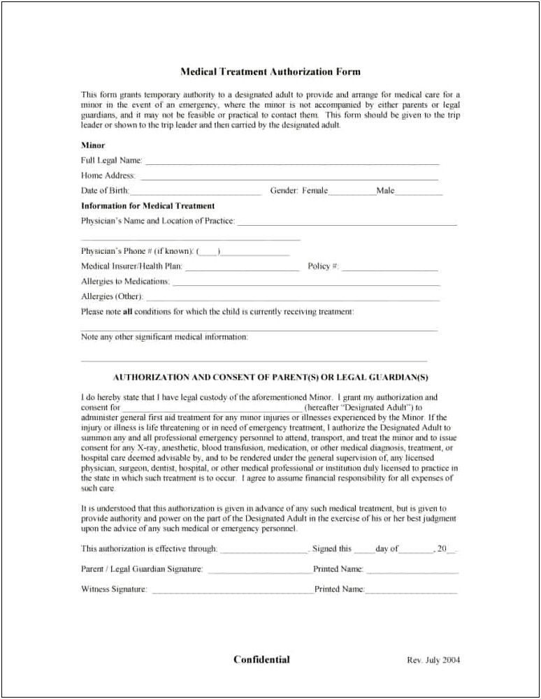 Letter Of Consent For Medical Treatment Template