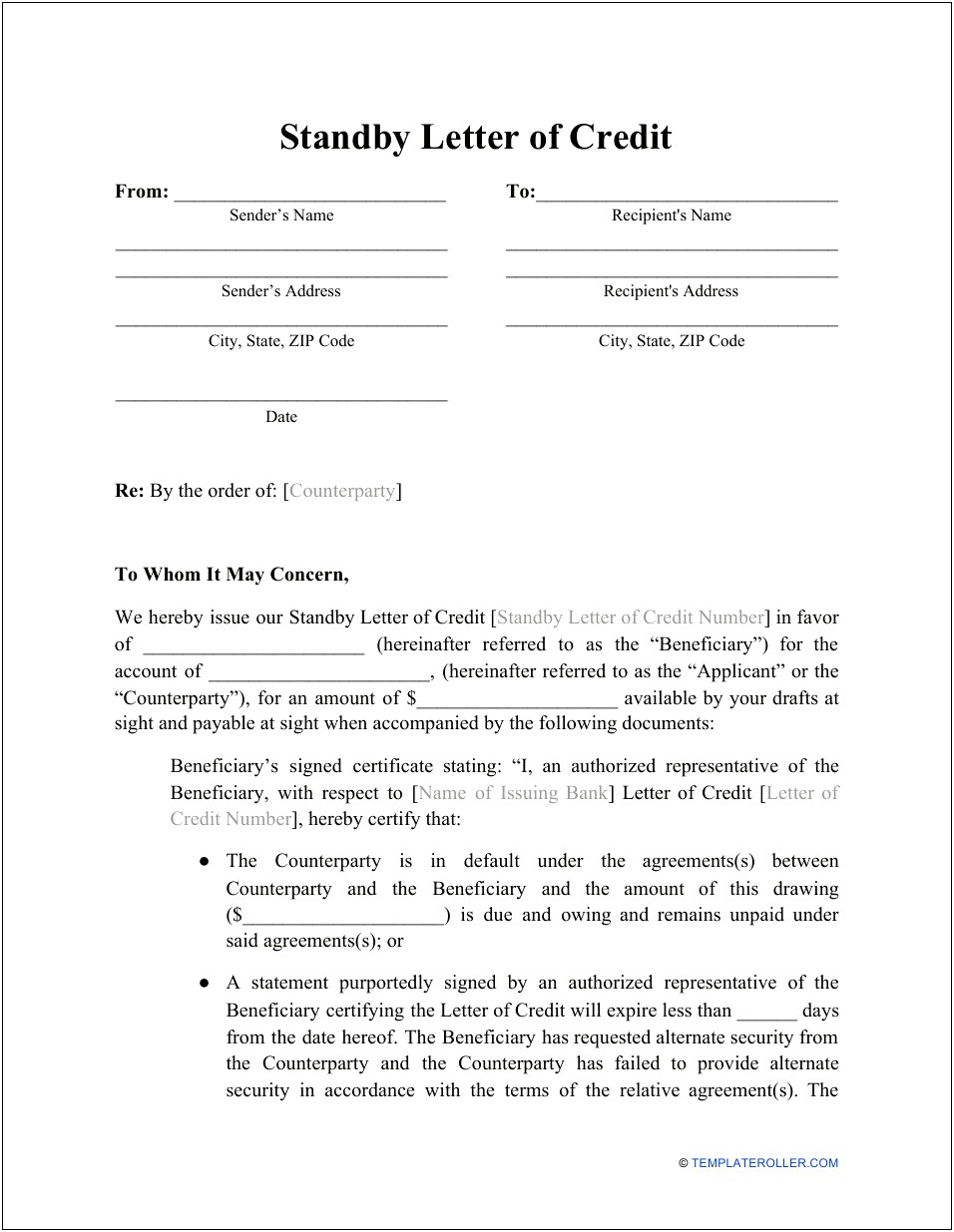 Letter Of Credit Payment Terms Template