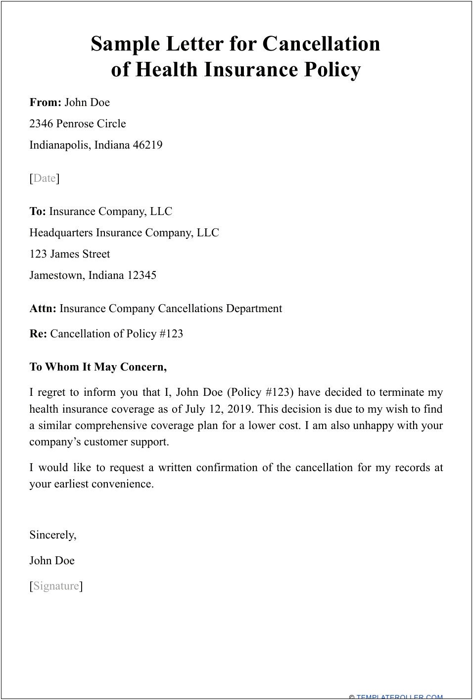 Letter Of Dismissal For Health Insurance Template