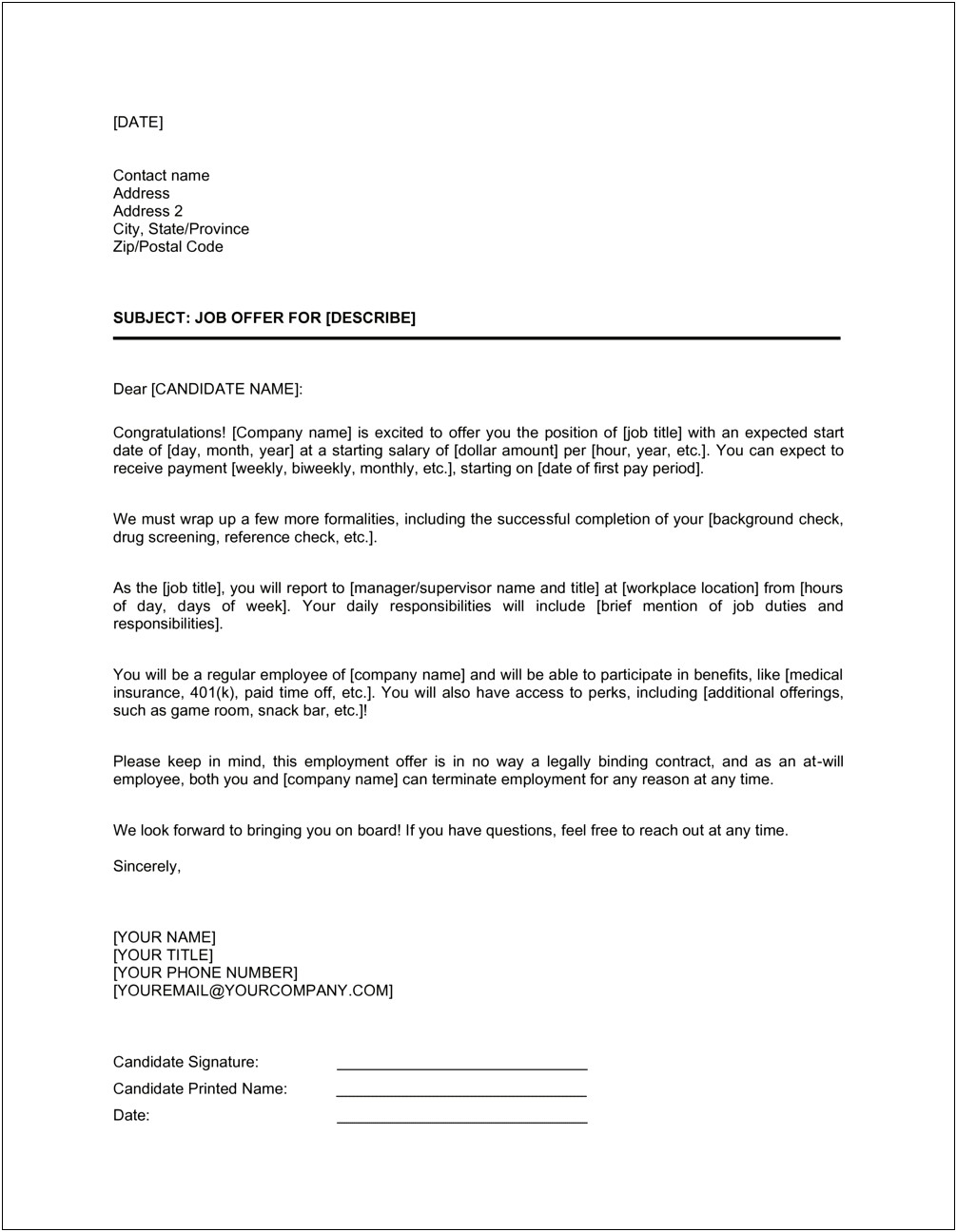 Letter Of Employment Offer Template Australia