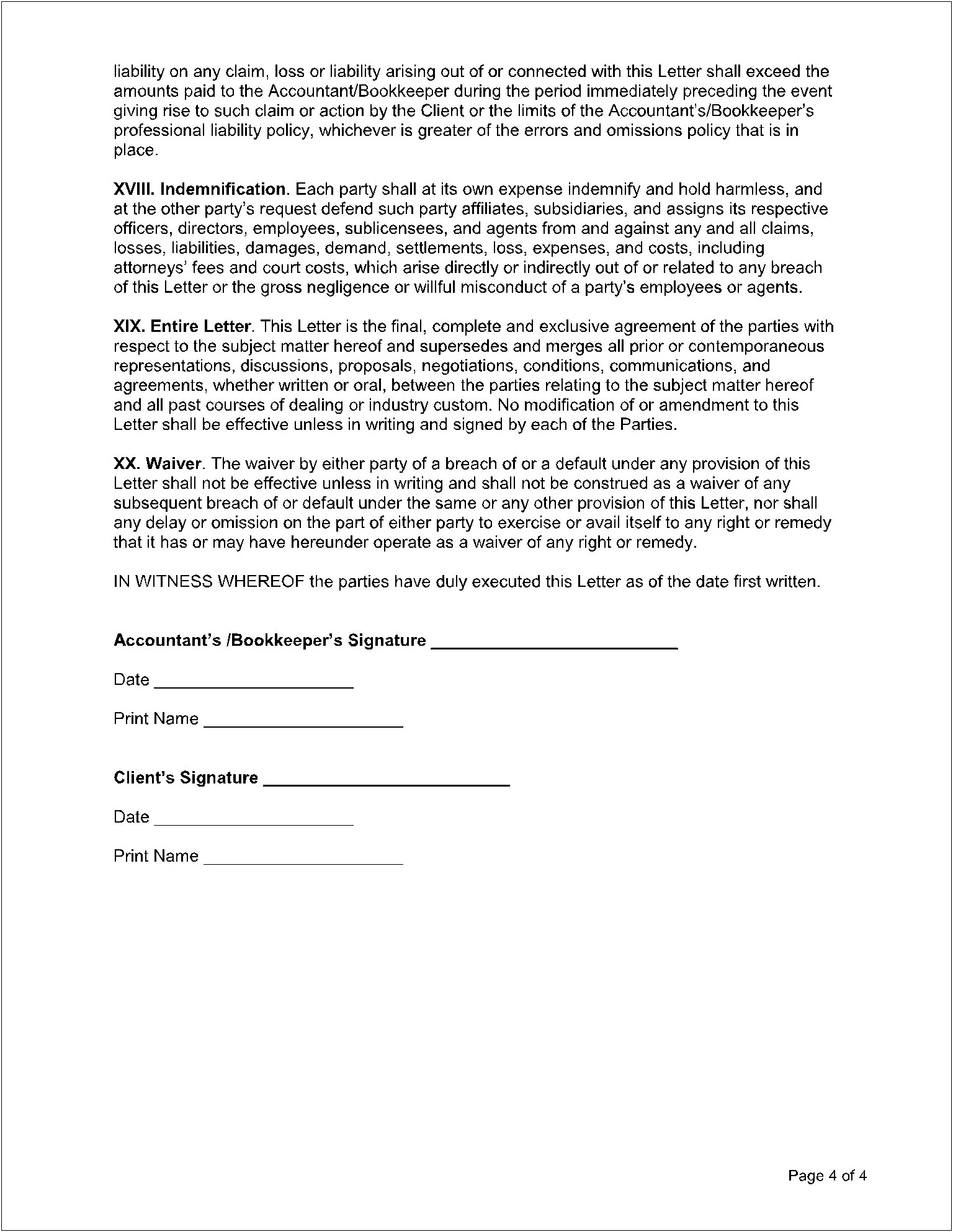 Letter Of Engagement Template Bookkeeping Usa