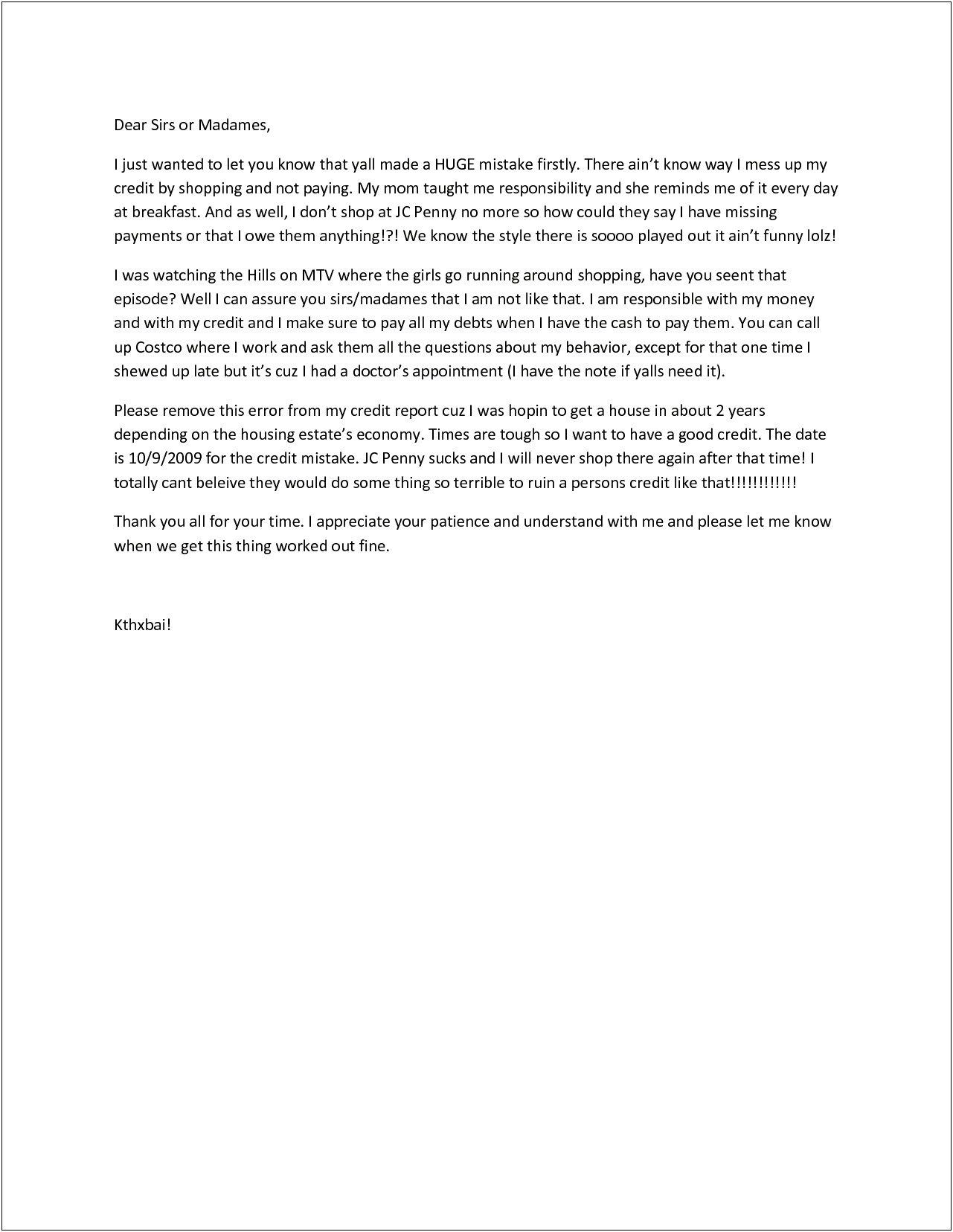 Letter Of Explanation Credit Inquiry Template