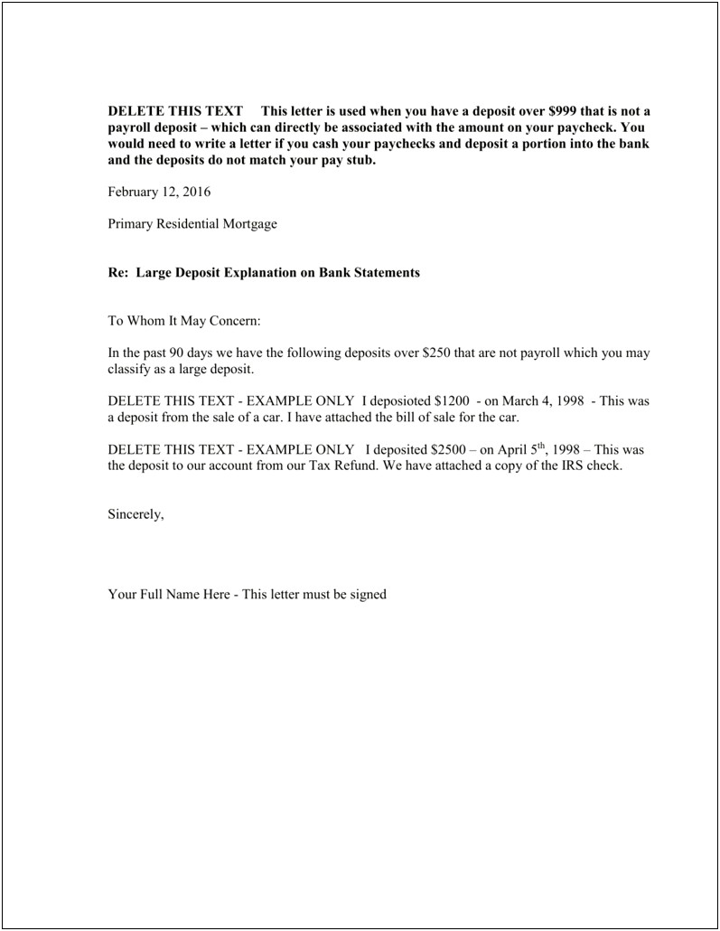 Letter Of Explanation Of Deposit Template