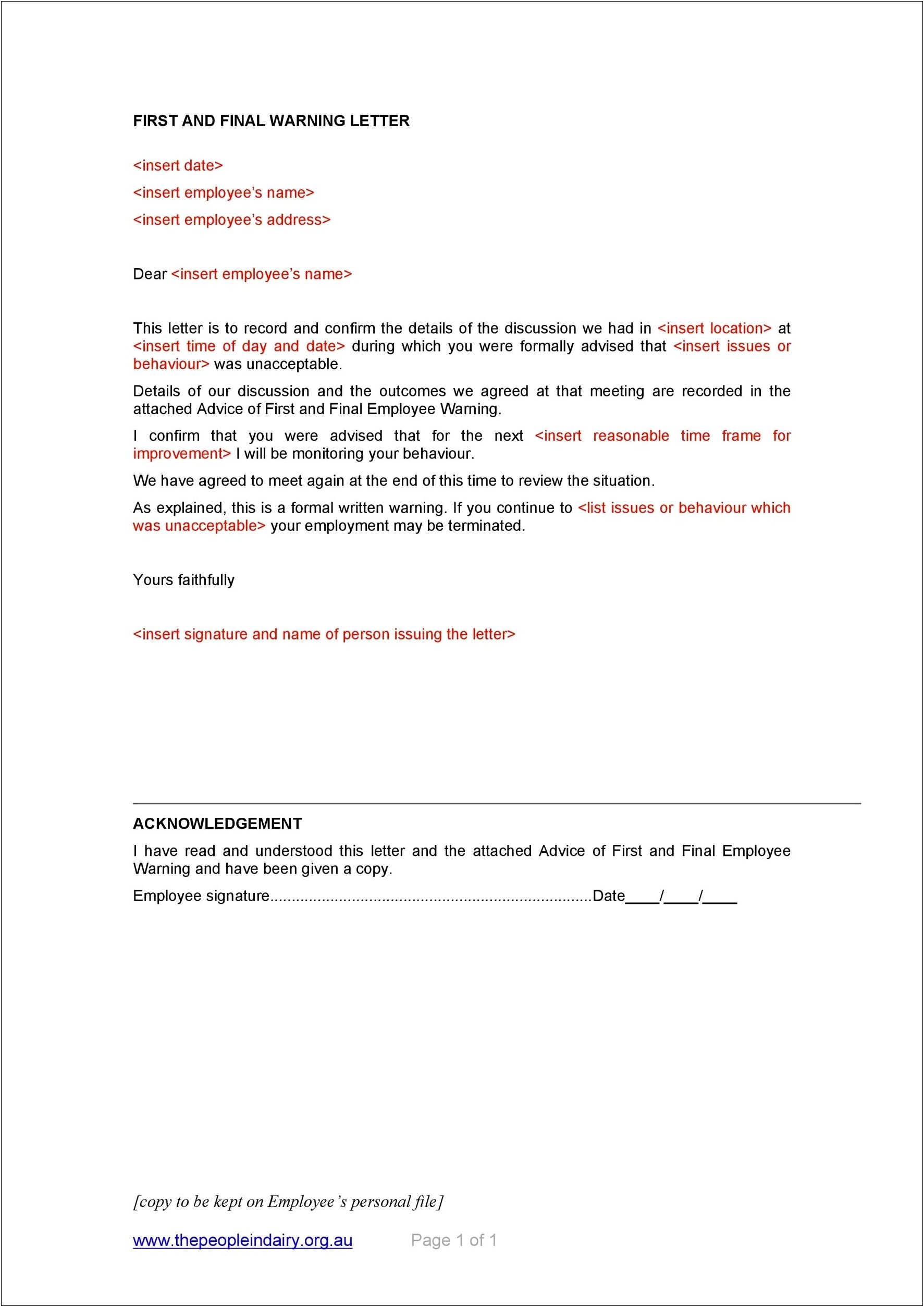 Letter Of First Second Warning Template