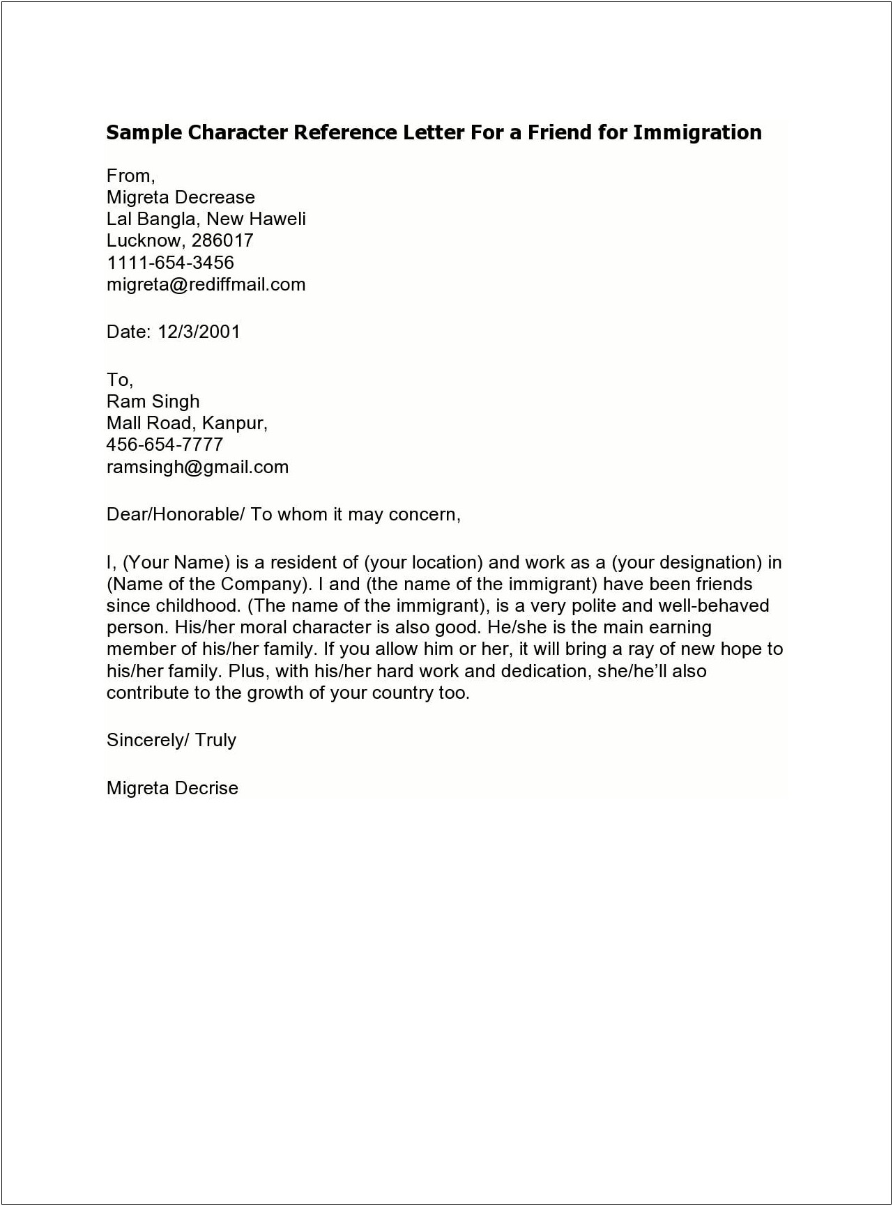 Letter Of Good Character For Court Template