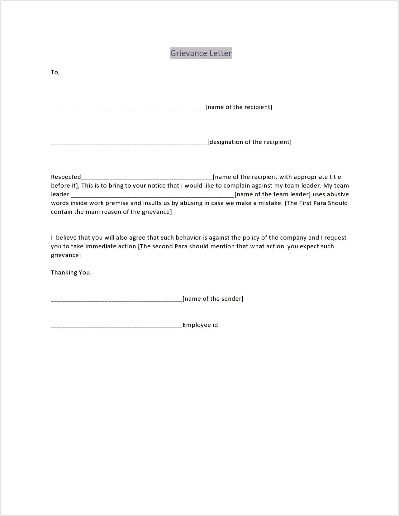 Letter Of Grievance About Pay Template