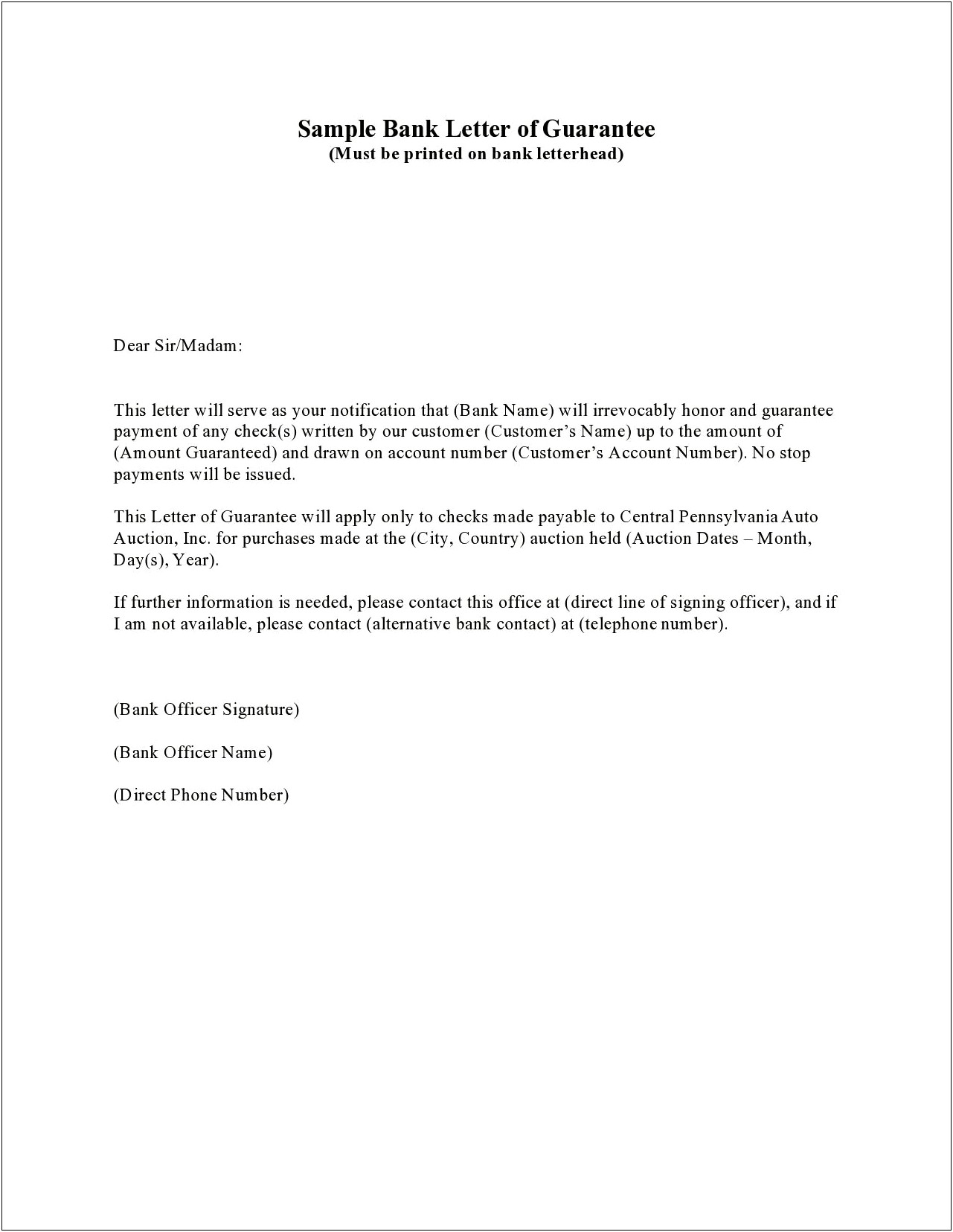 Letter Of Guarantee Template Auto Title