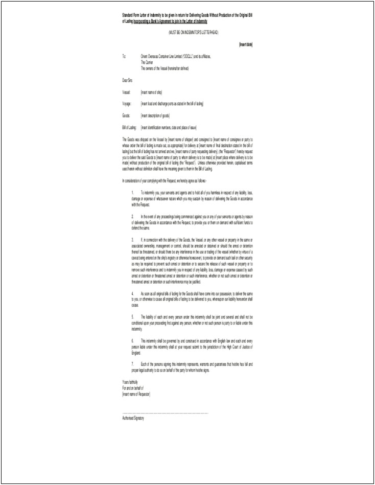 Letter Of Indemnity For Bank Template