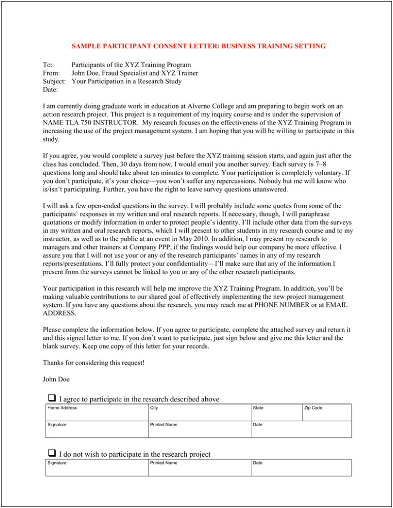 Letter Of Inquiry Research Participant Template