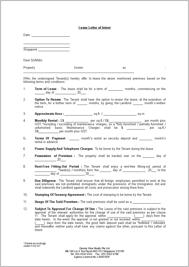 Letter Of Intend For Lease Office Template