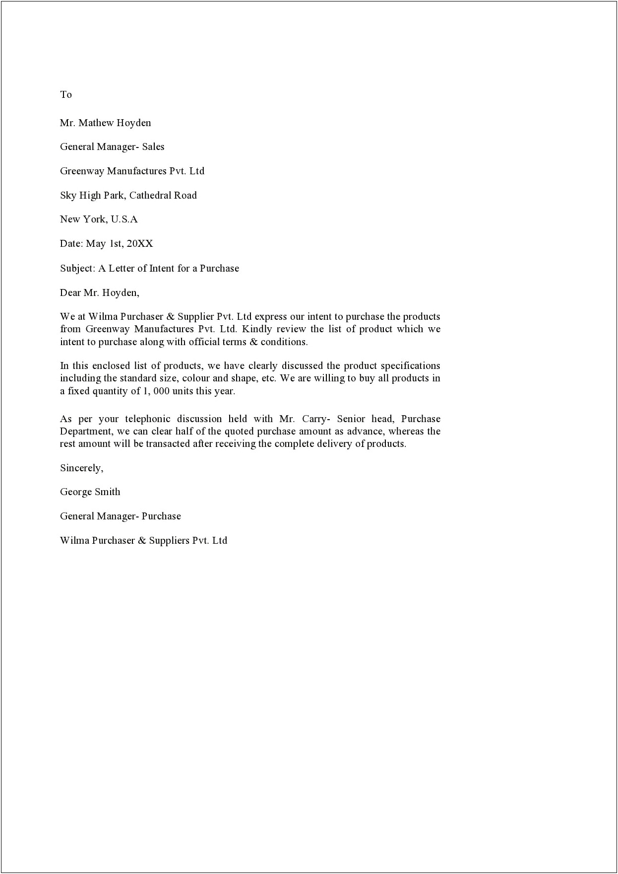 Letter Of Intent Business Free Template