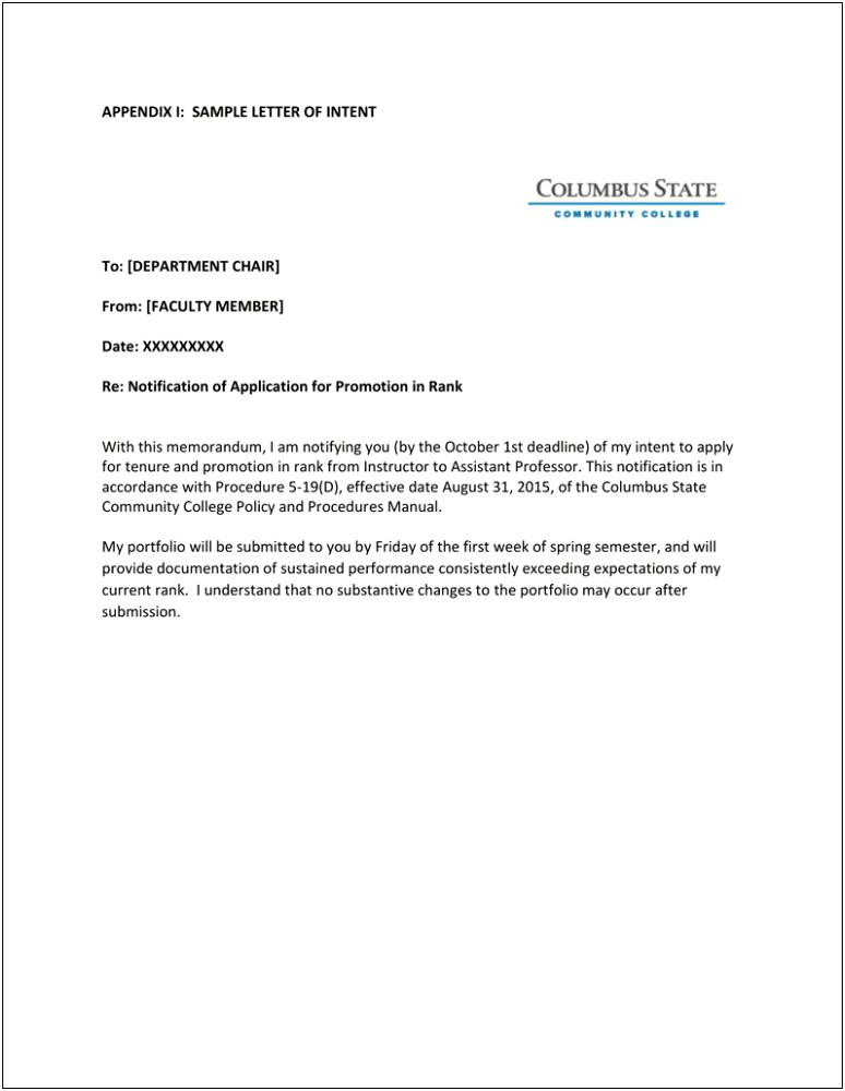 Letter Of Intent For A Job Position Template