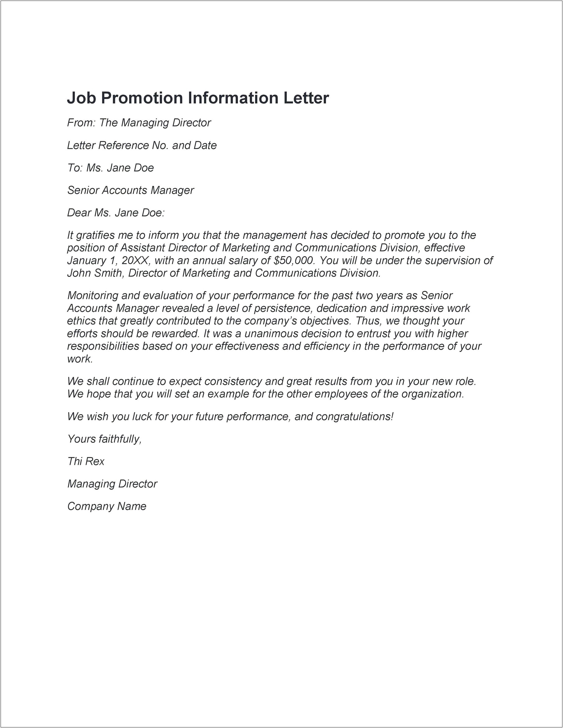 Letter Of Intent For A Job Promotion Template