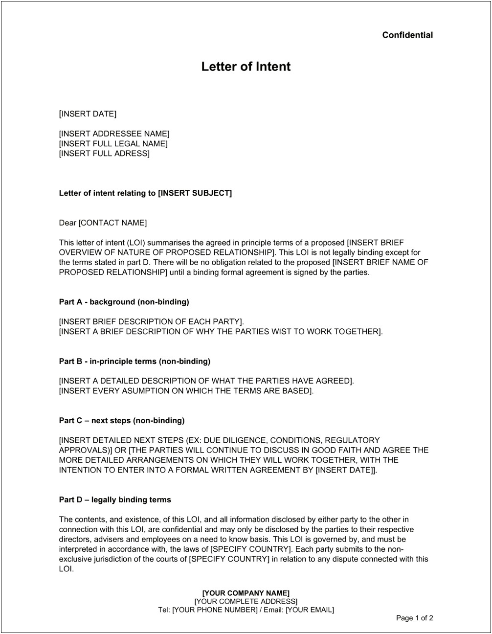 Letter Of Intent For Business Cooperation Template