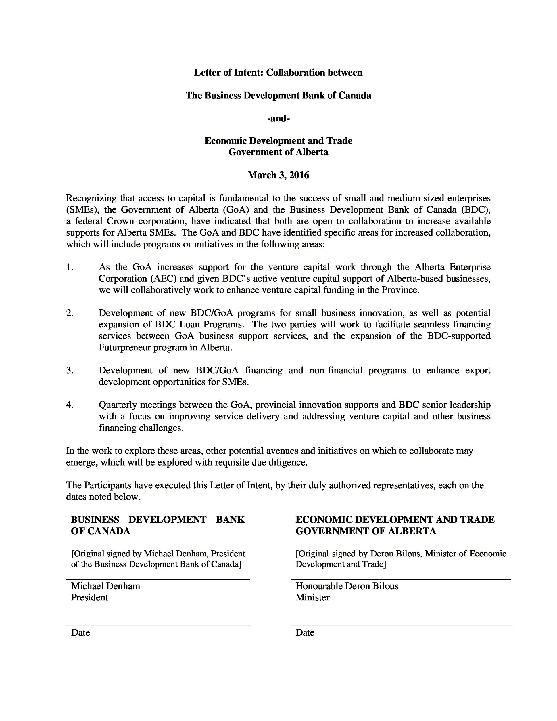 Letter Of Intent For Business Venture Template