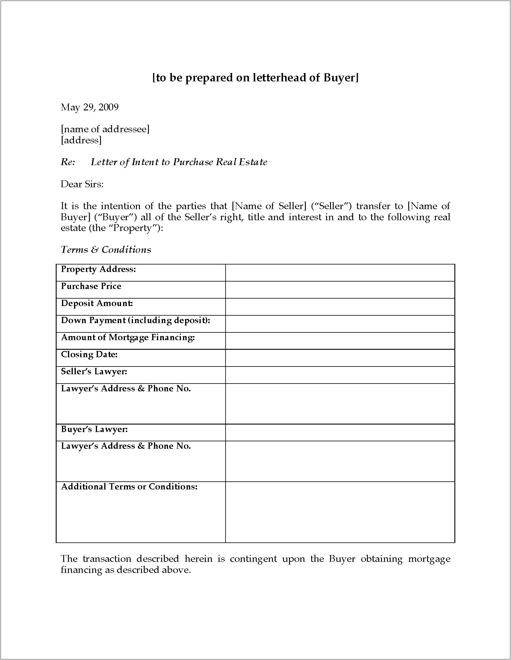 Letter Of Intent For Buying A Business Template