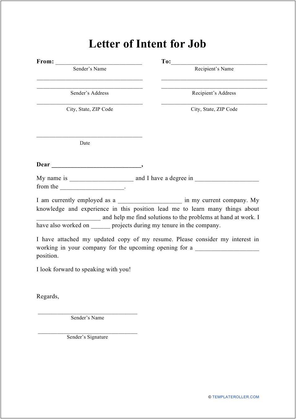 Letter Of Intent For Internal Job Template