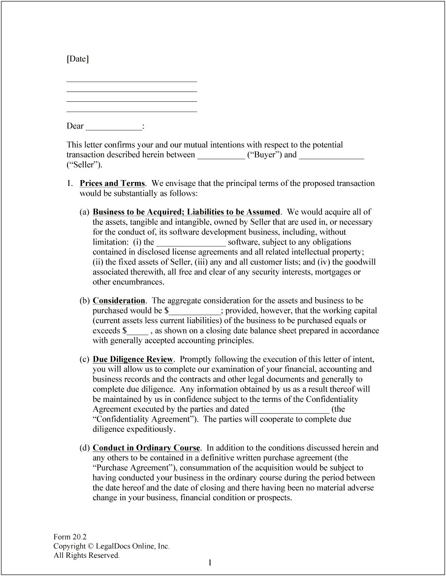 Letter Of Intent For New Business Template