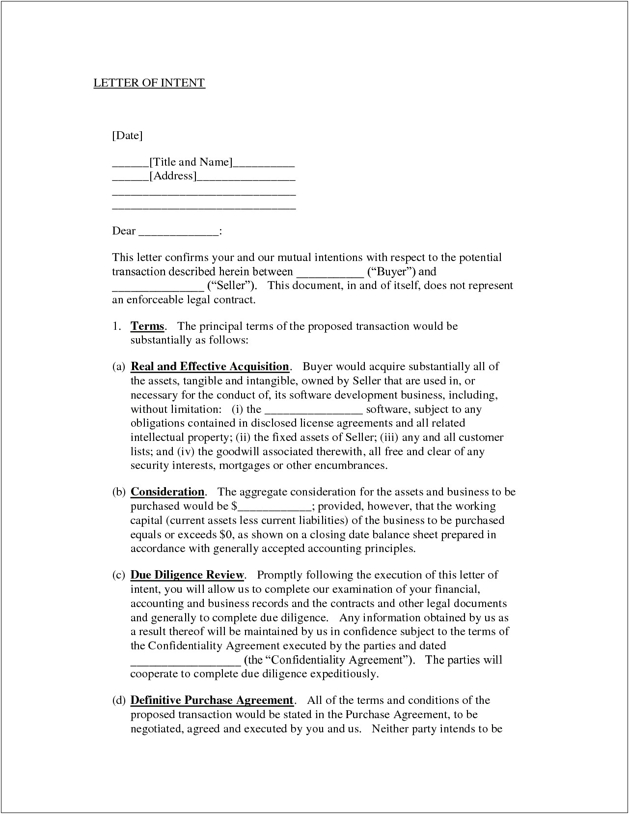 Letter Of Intent For Purchase Of Business Template