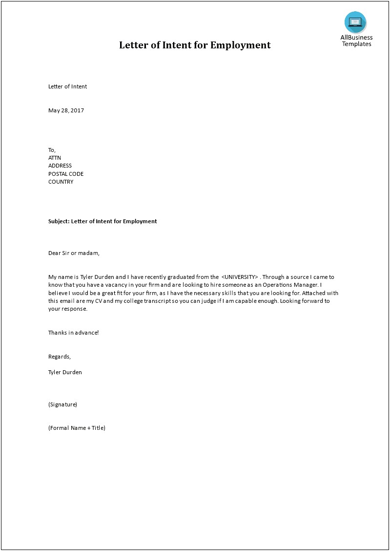 Letter Of Intent From Employer Template