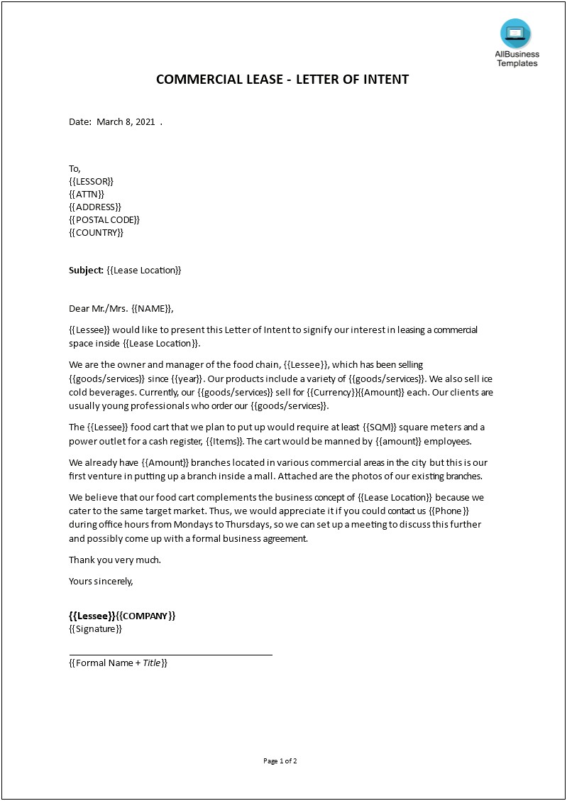 Letter Of Intent Loi Lease Template