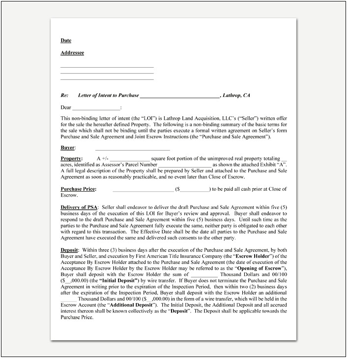 Letter Of Intent Real Estate Lease Template