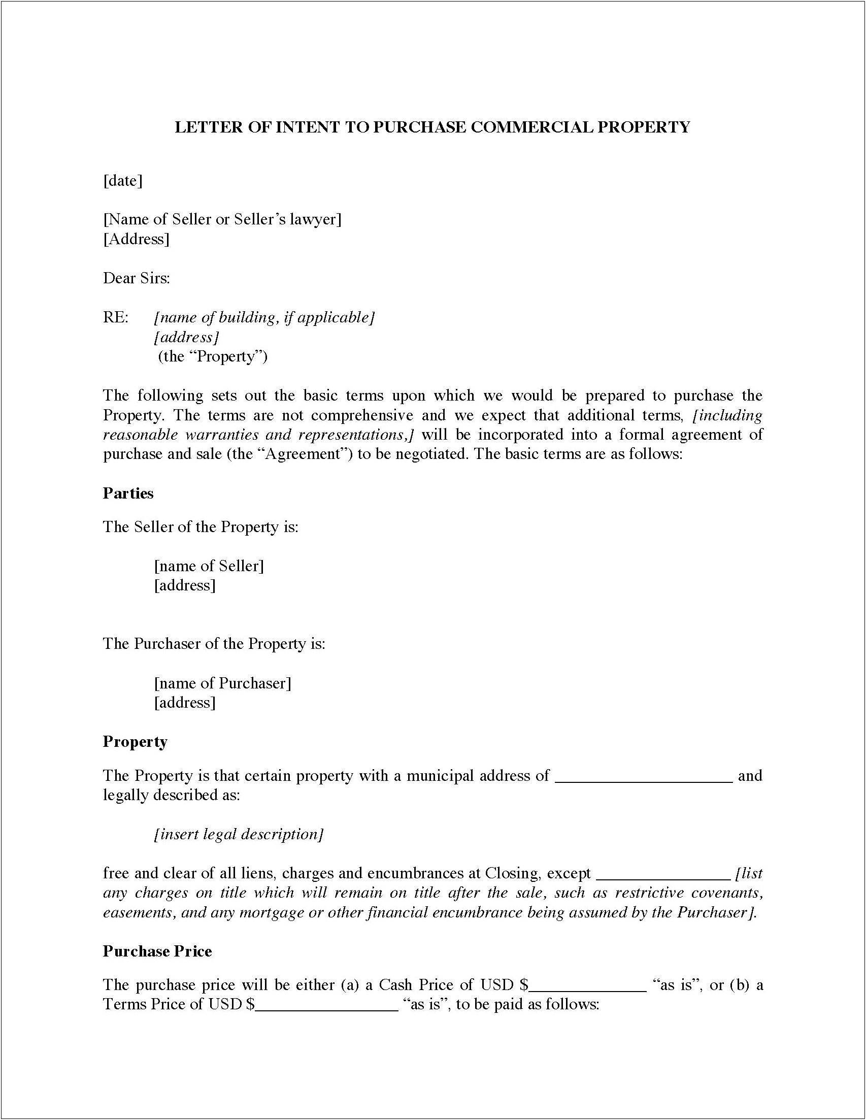 Letter Of Intent Template For Commercial Real Estate