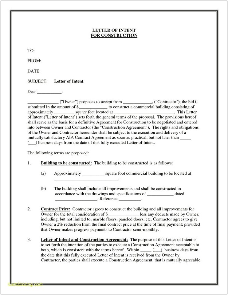 Letter Of Intent Template For Construction