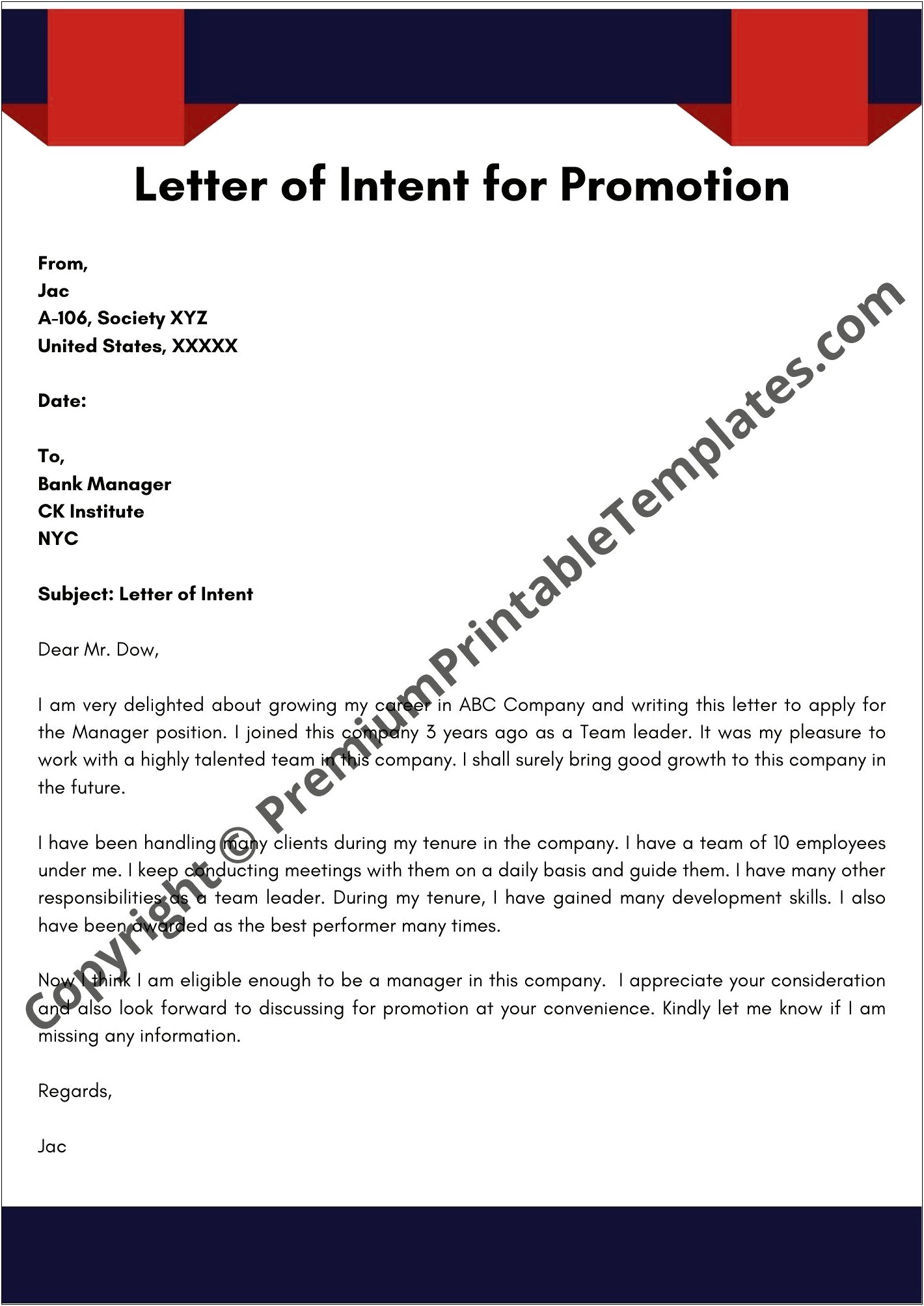 Letter Of Intent Template Job Promotion