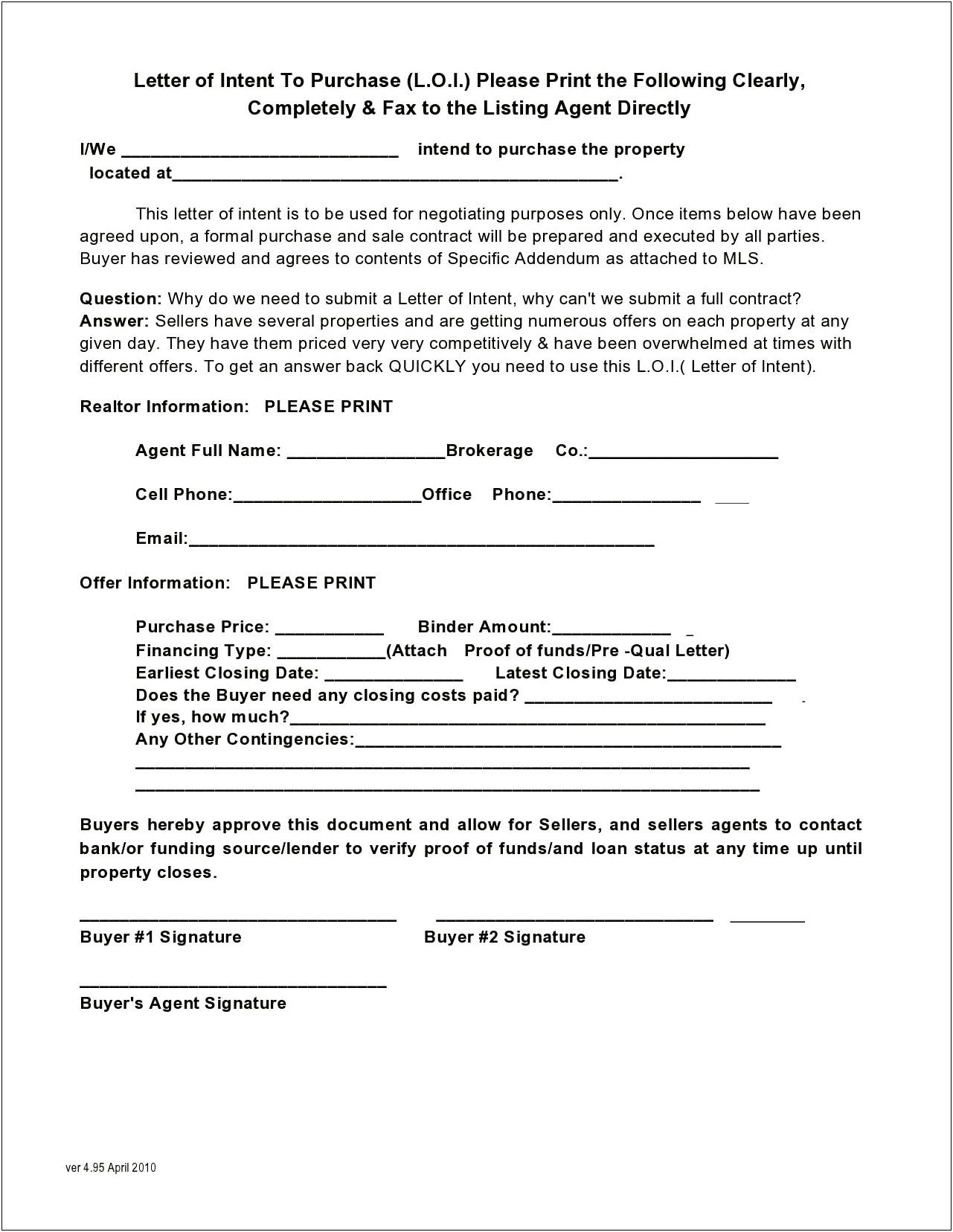 Letter Of Intent Template To Purchase Real Estate