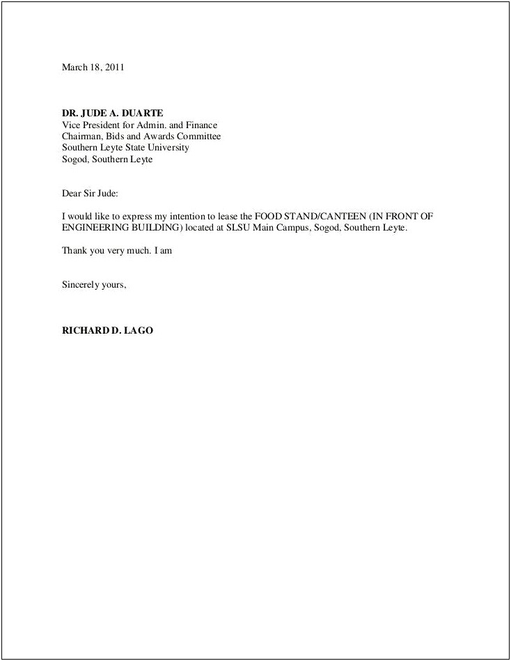 Letter Of Intent To Bid Template