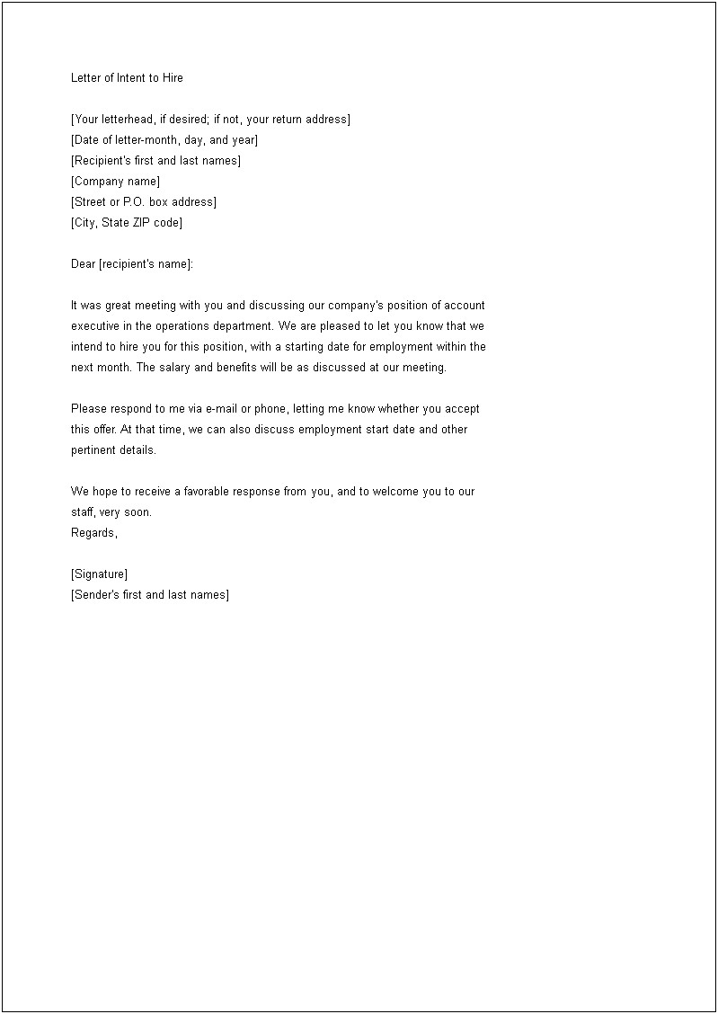 Letter Of Intent To Hire Employee Template