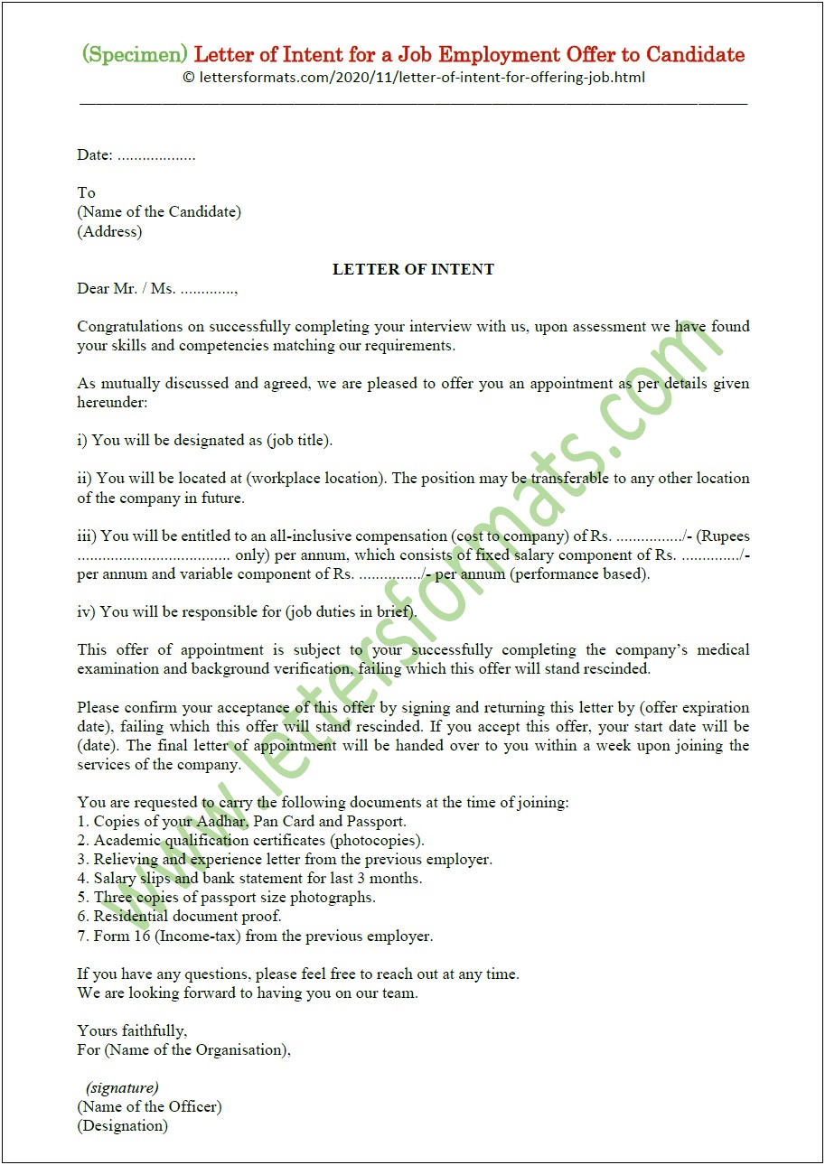 Letter Of Intent To Hire Template