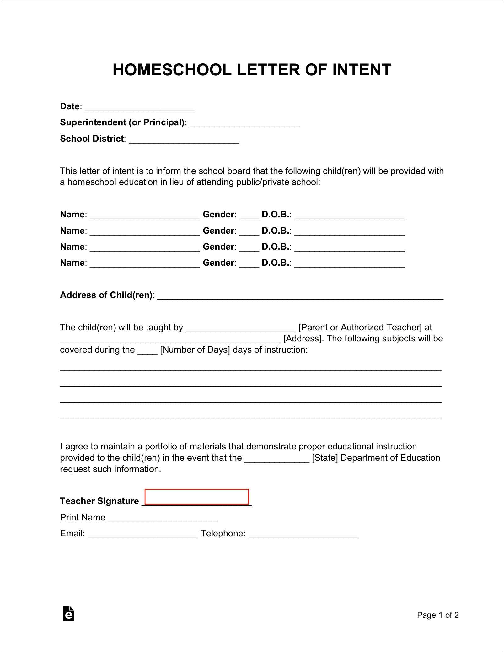 Letter Of Intent To Homeschool Ohio Template