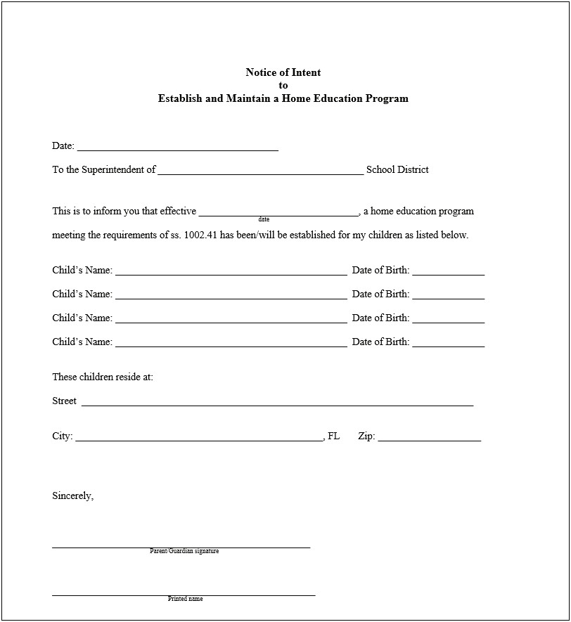 Letter Of Intent To Homeschool Template Florida