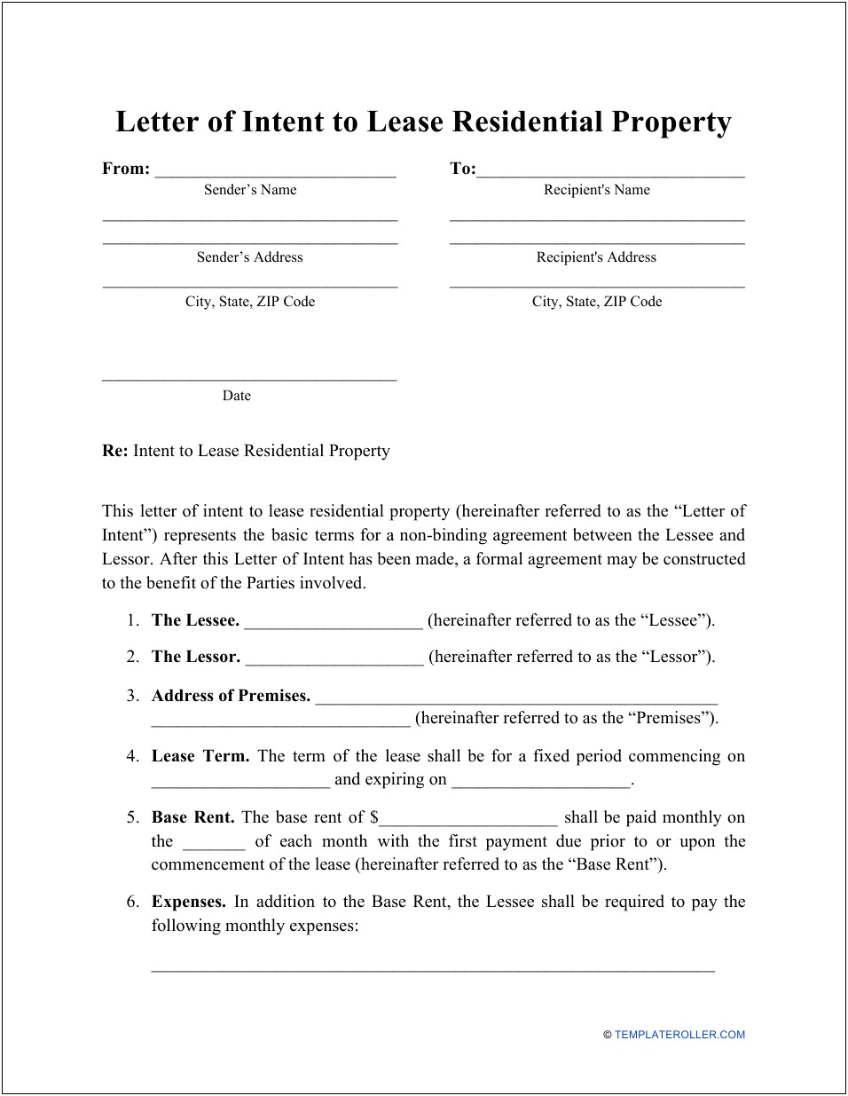 Letter Of Intent To Lease Commercial Space Template