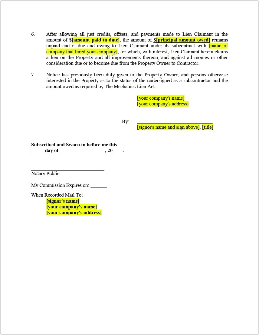 Letter Of Intent To Lien Texas Template