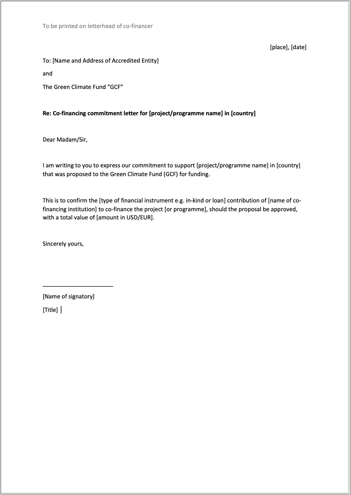 Letter Of Intent To Loan Money Template