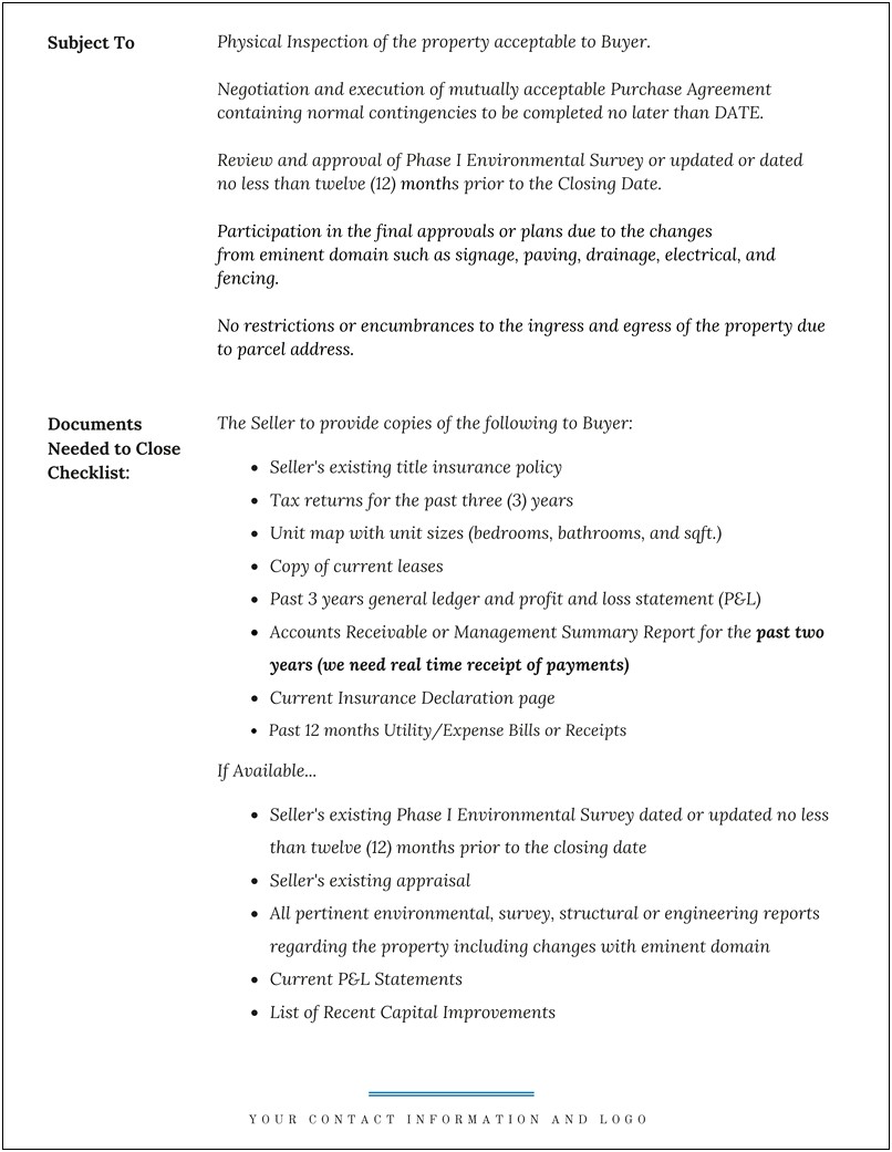 Letter Of Intent To Occupy Property Template