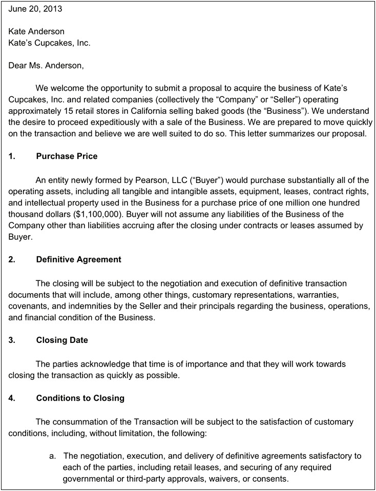 Letter Of Intent To Purchase Assets Template