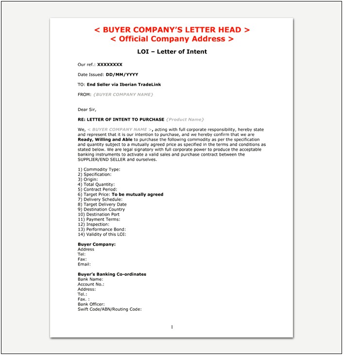 Letter Of Intent To Purchase Product Template